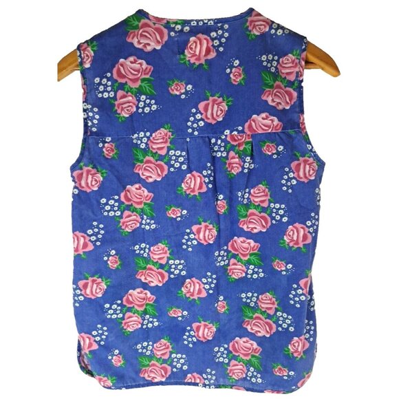Vintage Womens Artist Smock Vest Blue Pink Roses Pearl Snap Pockets Moon Dance S - Picture 5 of 5
